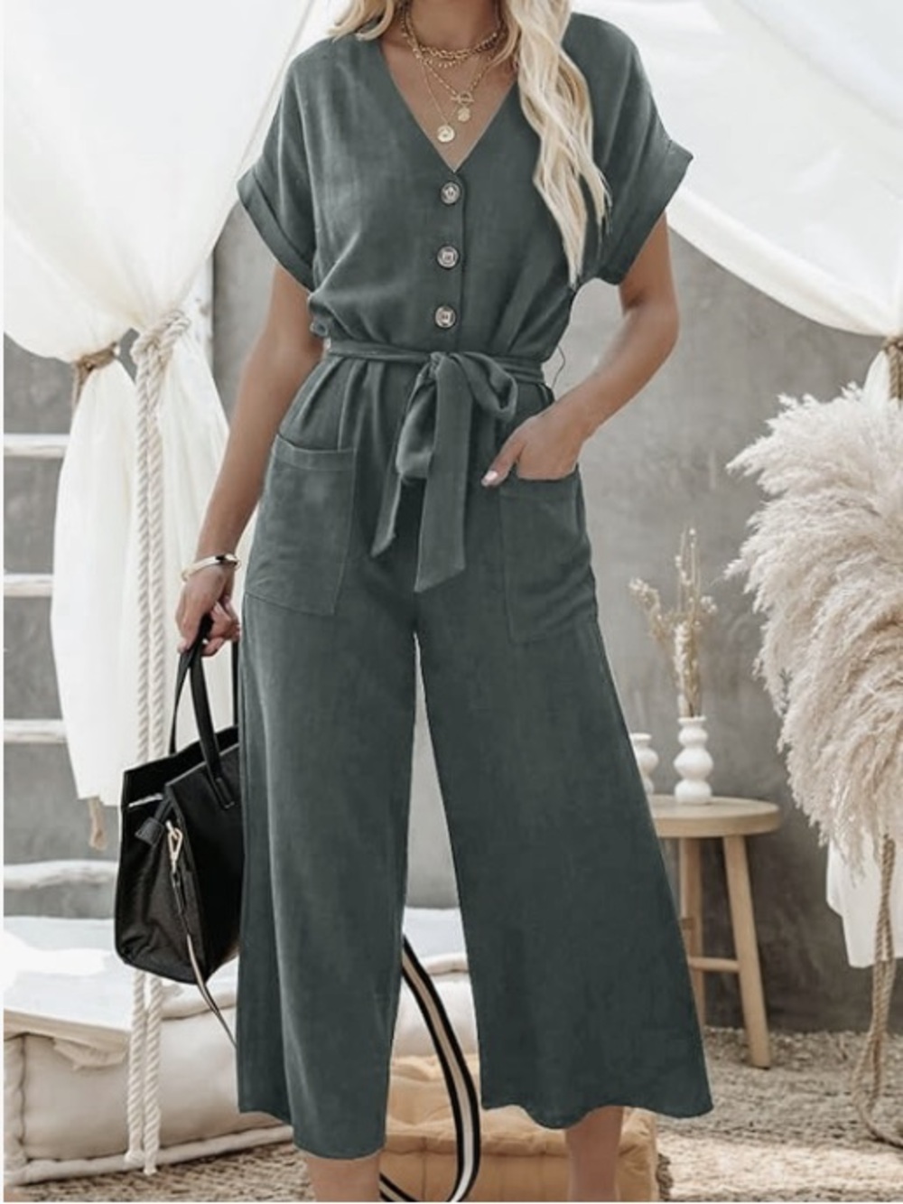 Acelitt Short Sleeve V-Neck Button Tie-Waist Wide-Leg Jumpsuit in Slate Green